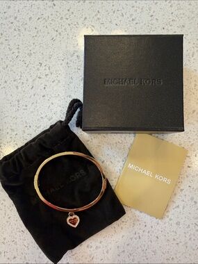 Michael Kors Gold Heart Charm Bangle Bracelet with Gift Box